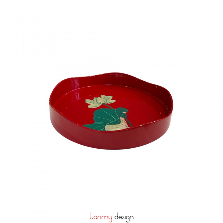 Red round lacquer tray hand-painted with lotus 27cm ( different designs )